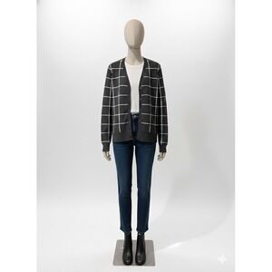 Ann Taylor Wool Blend Windowpane Plaid Cardigan - Gray/White - Size L